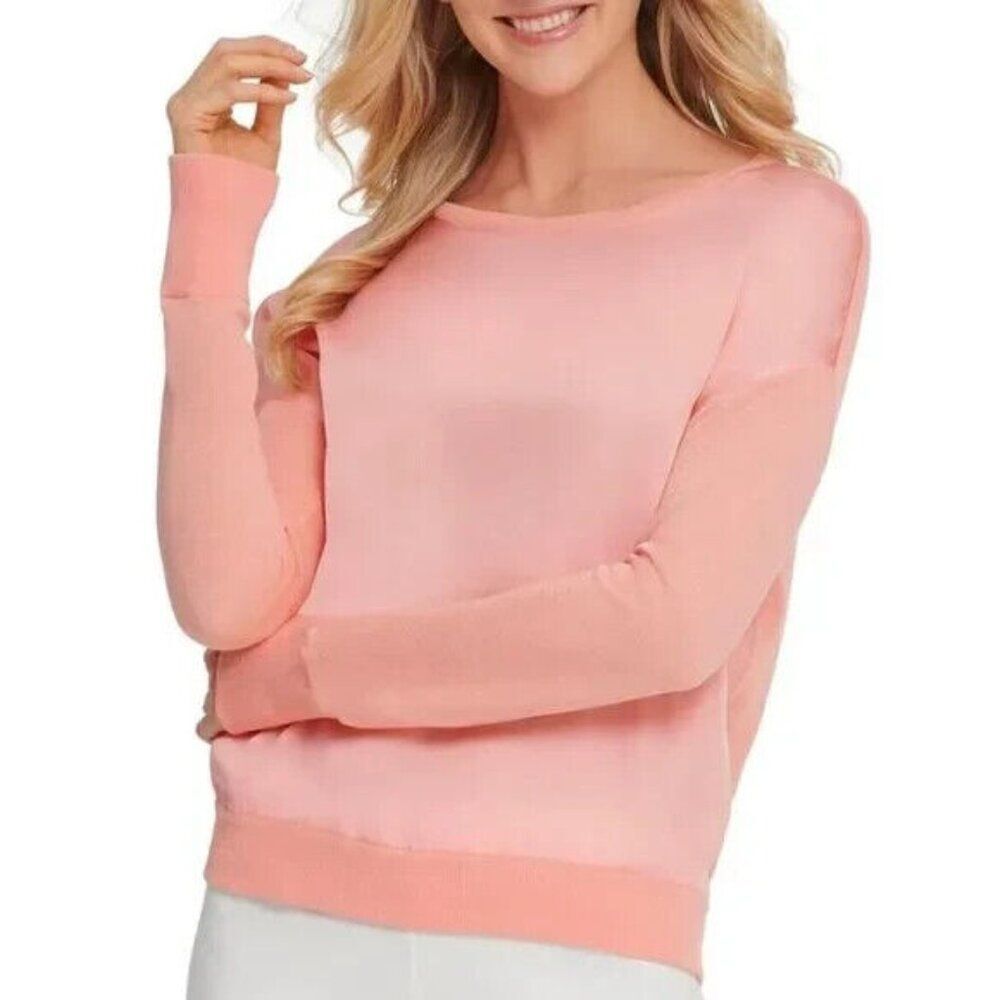 DKNY Women's Satin Front Sheer Knit Sweater Orange Size X-Large